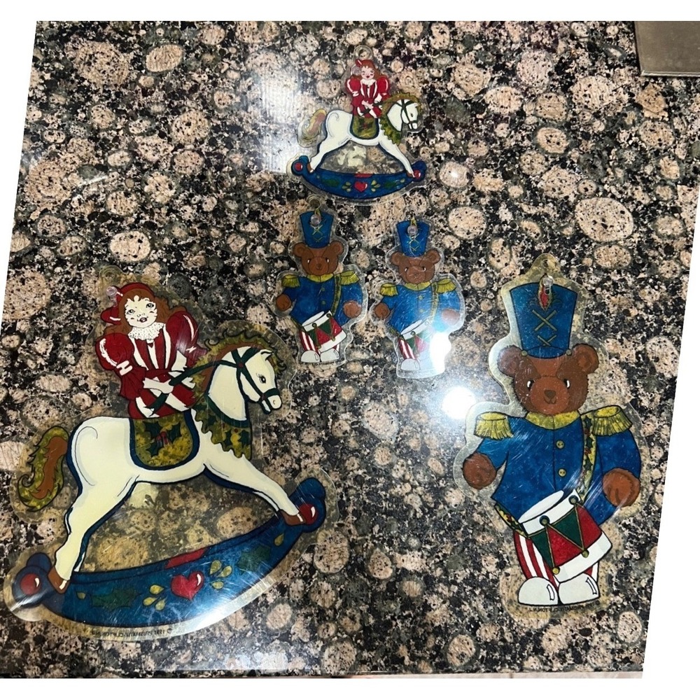 Vintage 1991 Prismatix Christmas Suncatcher Set Rocking Horse Nutcracker Bear